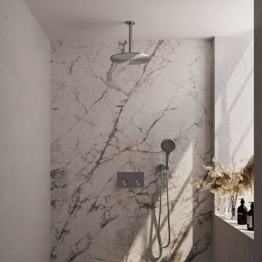 Brauer Brushed Edition thermostatische inbouw regendouche met drukknoppen SET 60 met 30 cm douchekop en plafondarm en 3-standen handdouche en doucheslang en wandaansluitbocht RVS geborsteld PVD