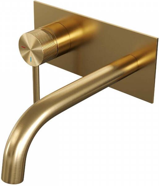 Brauer Gold Carving inbouw wastafelmengkraan met gebogen uitloop rechts en afdekplaat model A2 Goud geborsteld PVD 5-GG-083-B6