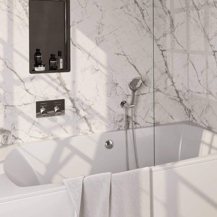 Brauer Chrome Carving thermostatische inbouw badkraan met drukknoppen SET 04 met badvulcombinatie en 3-standen handdouche en doucheslang en wandaansluitbocht chroom - Foto 1