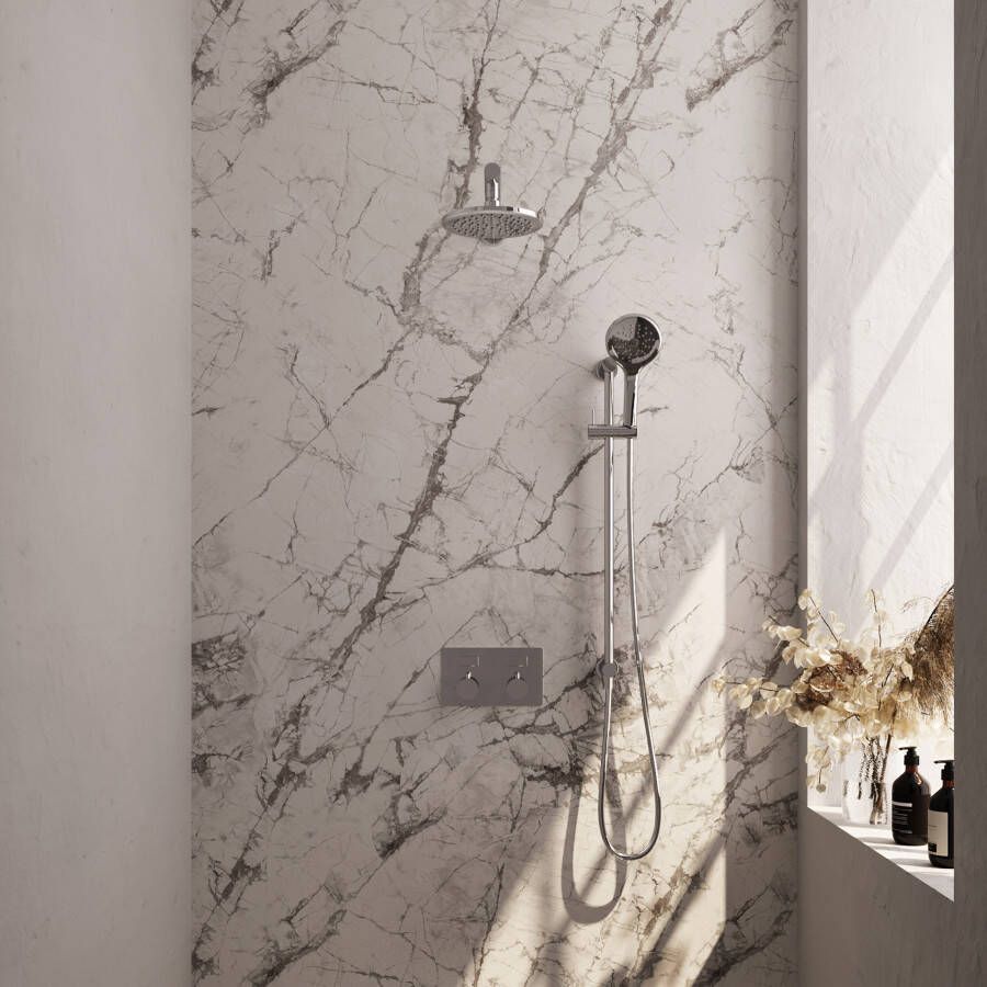 Brauer Chrome Carving thermostatische inbouw regendouche met drukknoppen SET 67 met 20 cm douchekop en rechte muurarm en 3-standen handdouche en doucheslang en geïntegreerde glijstang chroom