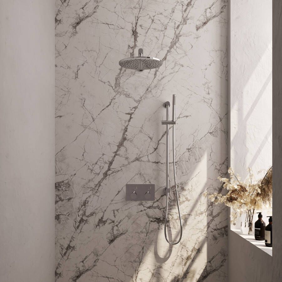 Brauer Chrome Carving thermostatische inbouw regendouche met drukknoppen SET 62 met 30 cm douchekop en rechte muurarm en staaf handdouche en doucheslang en geïntegreerde glijstang chroom