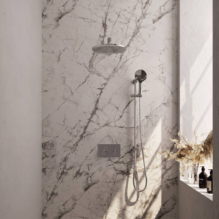 Brauer Chrome Carving thermostatische inbouw regendouche met drukknoppen SET 68 met 30 cm douchekop en rechte muurarm en 3-standen handdouche en doucheslang en geïntegreerde glijstang chroom