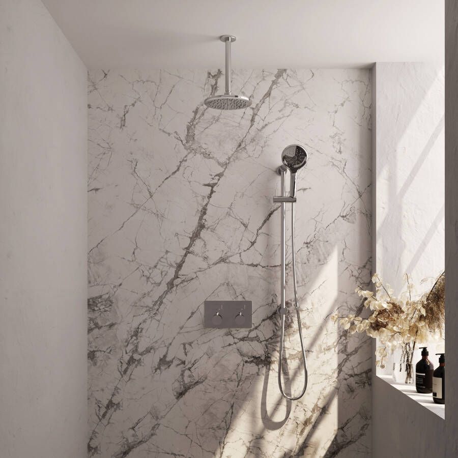 Brauer Chrome Carving thermostatische inbouw regendouche met drukknoppen SET 71 met 20 cm douchekop en plafondarm en 3-standen handdouche en doucheslang en geïntegreerde glijstang chroom