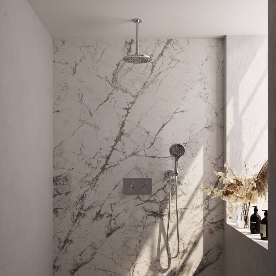 Brauer Chrome Edition thermostatische inbouw regendouche met drukknoppen SET 59 met 20 cm douchekop en plafondarm en 3-standen handdouche en doucheslang en wandaansluitbocht chroom