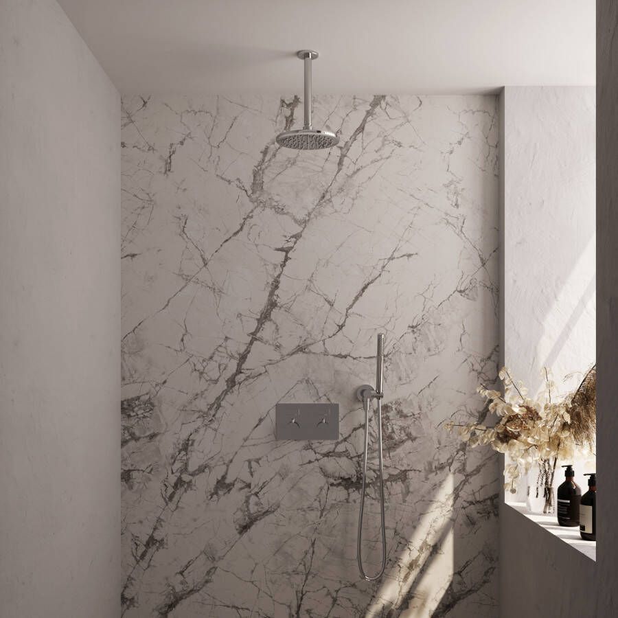 Brauer Chrome Edition thermostatische inbouw regendouche met drukknoppen SET 53 met 20 cm douchekop en plafondarm en staaf handdouche en doucheslang en wandaansluitbocht chroom