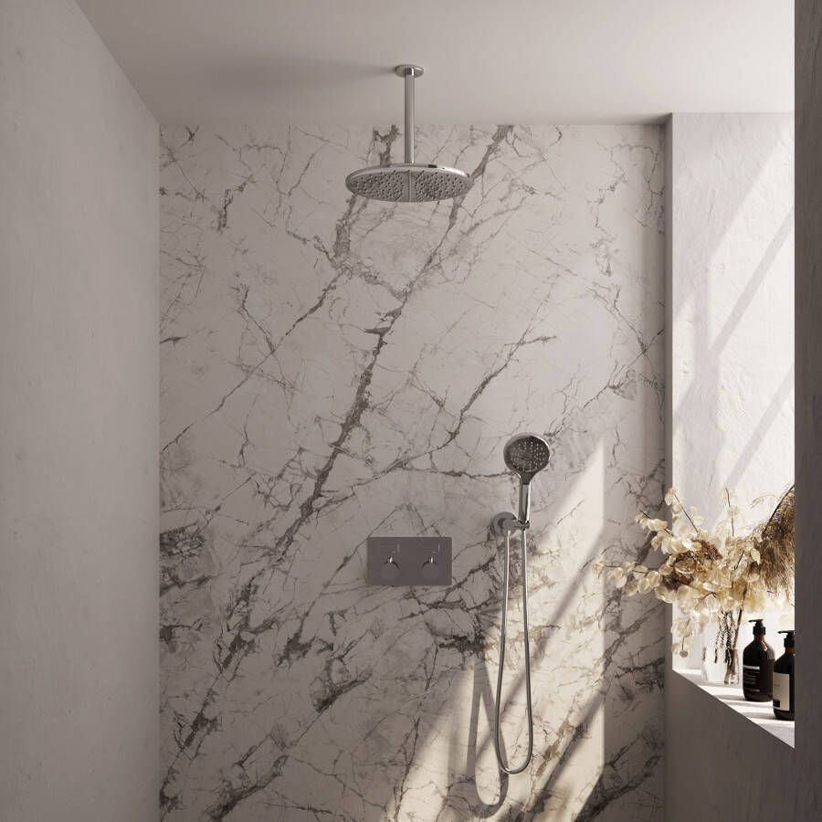 Brauer Chrome Edition thermostatische inbouw regendouche met drukknoppen SET 60 met 30 cm douchekop en plafondarm en 3-standen handdouche en doucheslang en wandaansluitbocht chroom