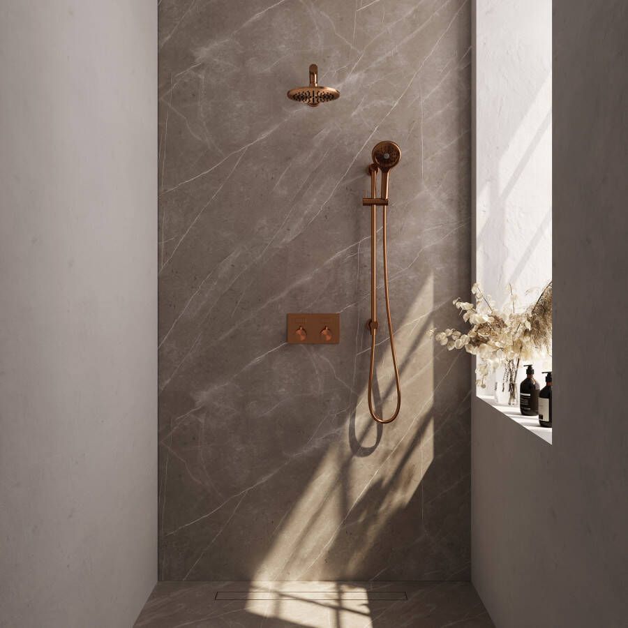 Brauer Copper Carving thermostatische inbouw regendouche met drukknoppen SET 67 met 20 cm douchekop en rechte muurarm en 3-standen handdouche en doucheslang en geïntegreerde glijstang koper geborsteld PVD