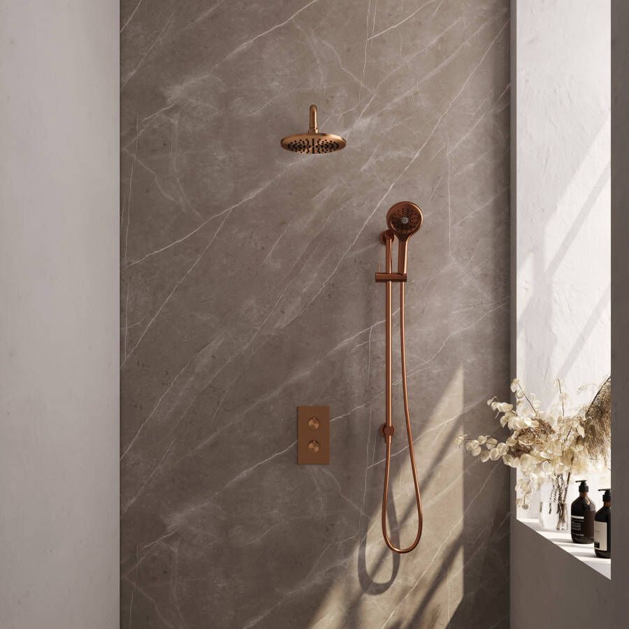 Brauer Copper Carving thermostatische inbouw regendoucheset 20cm plafondarm met 20cm ronde hoofddouche 3 standen ronde handdouche 150cm gladde doucheslang met aansluitbocht en handdouchehouder Koper geborsteld PVD 5-GK-107 - Foto 1