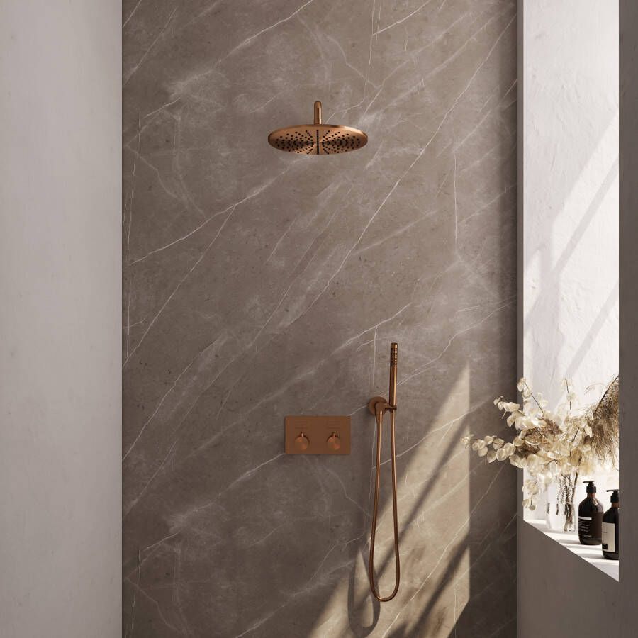 Brauer Copper Carving thermostatische inbouw regendouche met drukknoppen SET 52 met 30 cm douchekop en gebogen muurarm en staaf handdouche en doucheslang en wandaansluitbocht koper geborsteld PVD