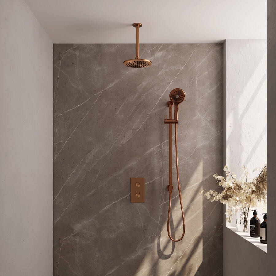 Brauer Copper Edition thermostatische inbouw regendouche 3 weg omstelling SET 44 met 30 cm douchekop en rechte muurarm en 3 standen handdouche en doucheslang en geintegreerde glijstang koper geborsteld PVD - Foto 2