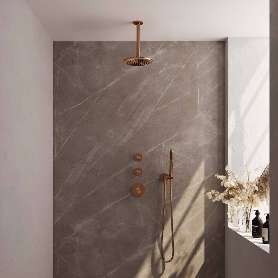 Brauer Copper Edition Regendoucheset inbouw hoofddouche 20cm Wandarm glijstang met inbouwdeel Gladde knoppen handdouche Rond 3 standen PVD geborsteld koper 5-GK-080