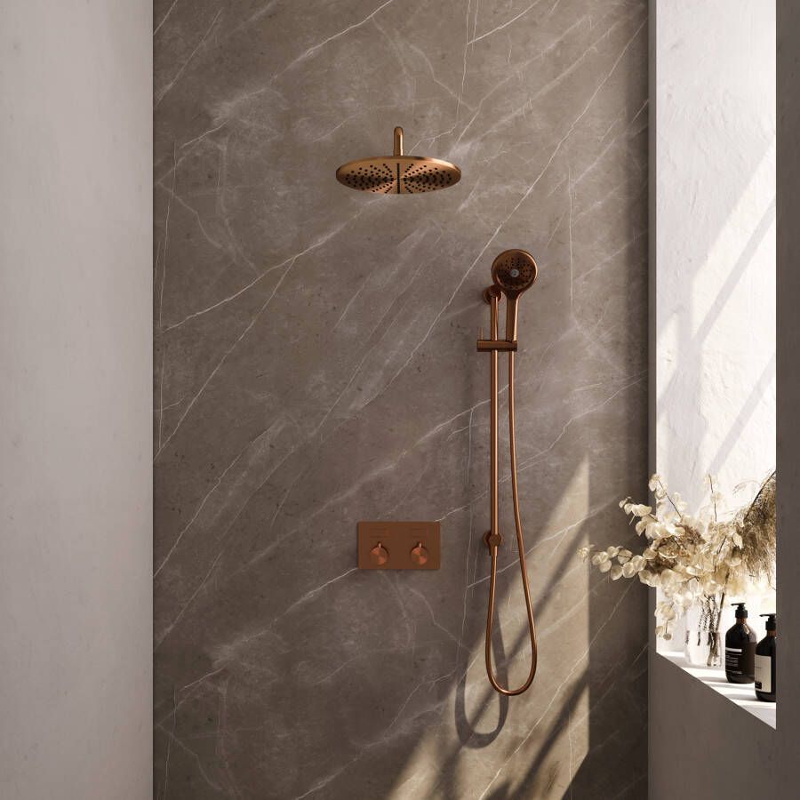 Brauer Copper Edition thermostatische inbouw regendouche met drukknoppen SET 70 met 30 cm douchekop en gebogen muurarm en 3-standen handdouche en doucheslang en geïntegreerde glijstang koper geborsteld PVD