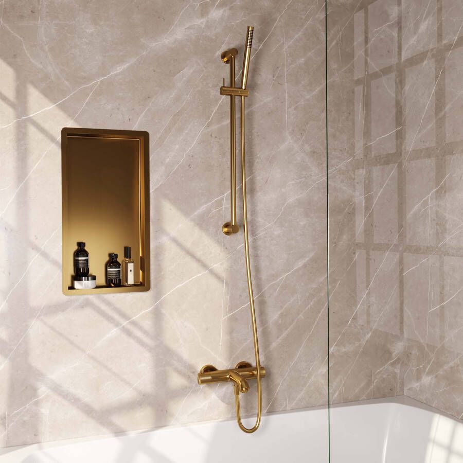 Brauer Gold Carving Badkraan Opbouw glijstang 2 functies 2 carving knoppen handdouche staaf 1 stand PVD geborsteld goud 5-GG-085-1