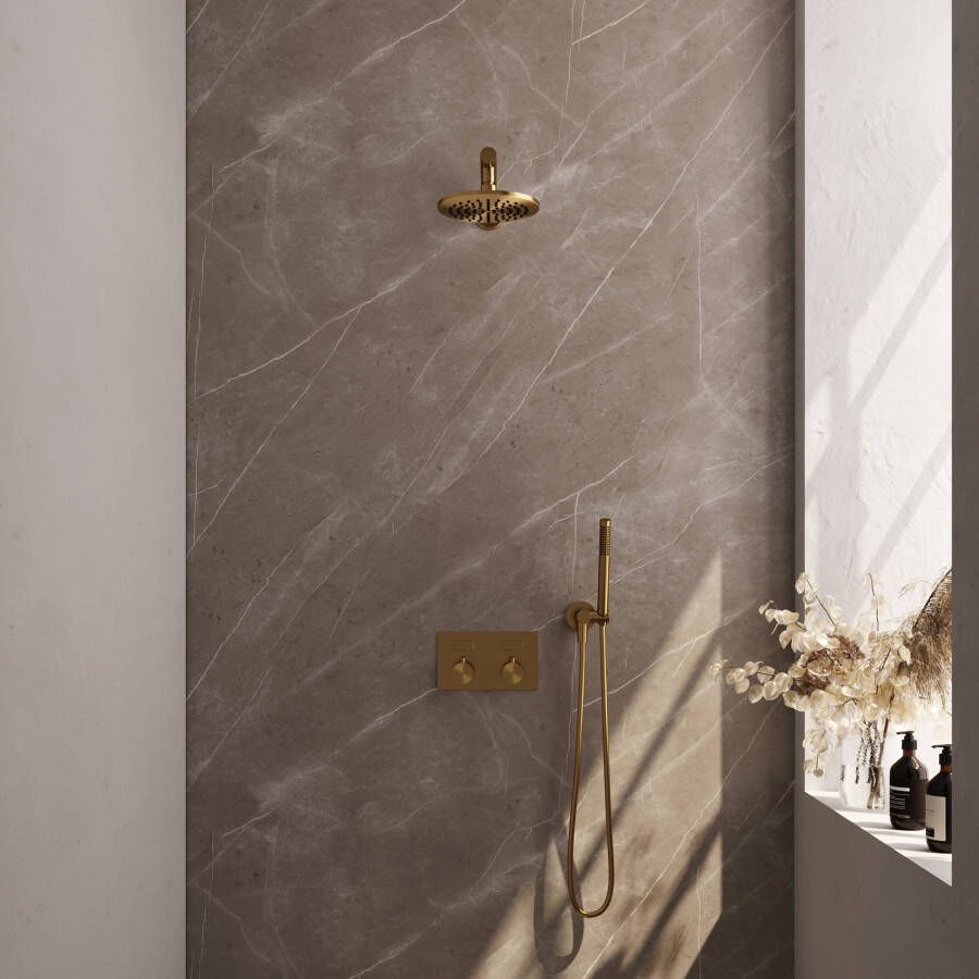 Brauer Gold Edition thermostatische inbouw regendouche met drukknoppen SET 49 met 20 cm douchekop en rechte muurarm en staaf handdouche en doucheslang en wandaansluitbocht goud geborsteld PVD