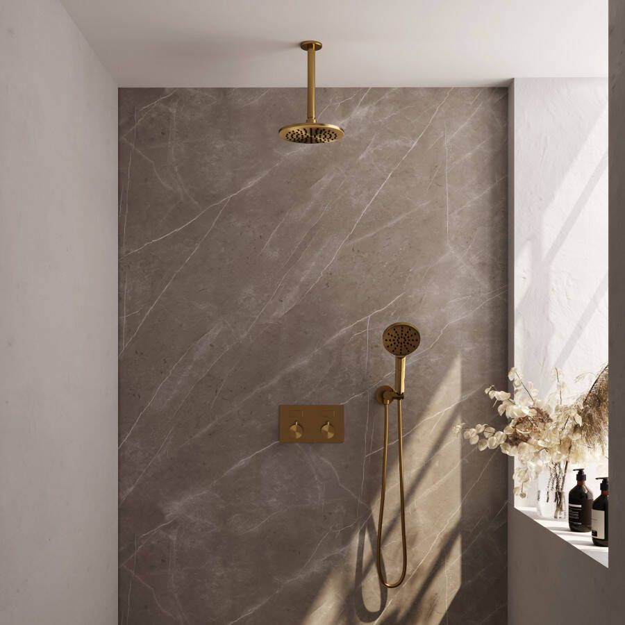 Brauer Gold Edition thermostatische inbouw regendouche met drukknoppen SET 59 met 20 cm douchekop en plafondarm en 3-standen handdouche en doucheslang en wandaansluitbocht goud geborsteld PVD