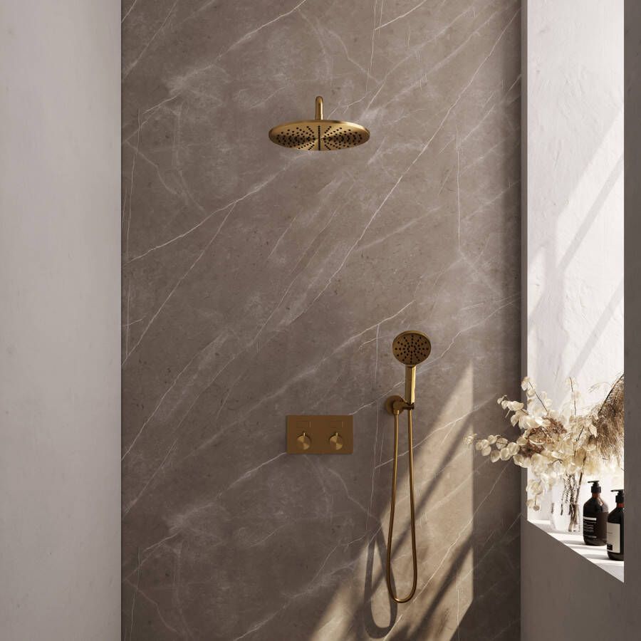 Brauer Gold Edition thermostatische inbouw regendouche met drukknoppen SET 58 met 30 cm douchekop en gebogen muurarm en 3-standen handdouche en doucheslang en wandaansluitbocht goud geborsteld PVD