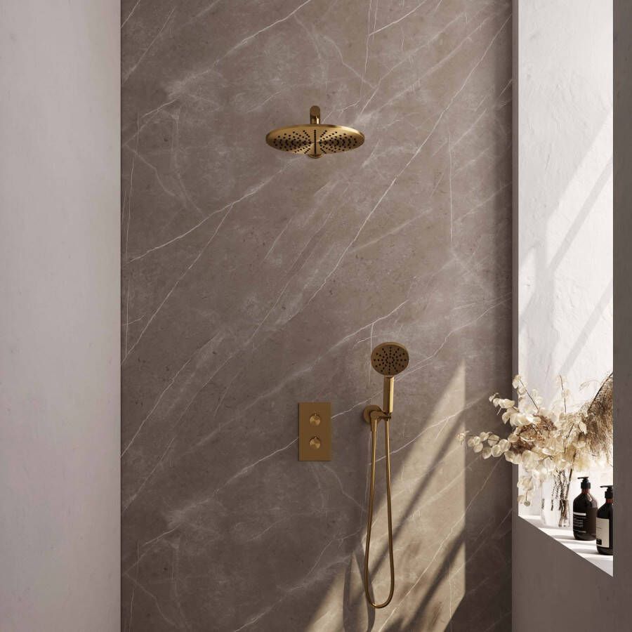 Brauer Gold Edition thermostatische inbouw regendouche set 33 3-weg omstelling 20 cm douchekop gebogen muurarm 3-standen handdouche doucheslang wandaansluitbocht goud geborsteld PVD