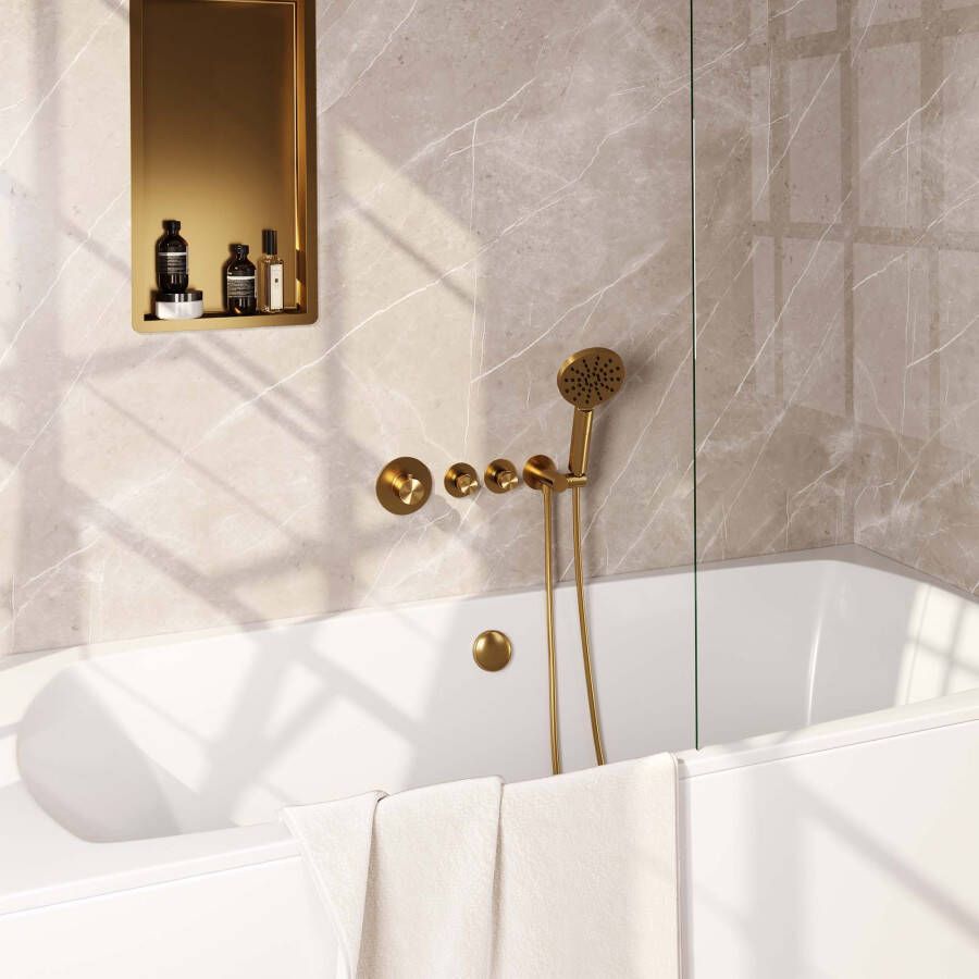 Brauer Badkraan Gold Edition Thermostatisch Inbouw Rond Geborsteld Goud PVD 3 Greeps 4 Gats met Staafhanddouche en Badvulcombinatie