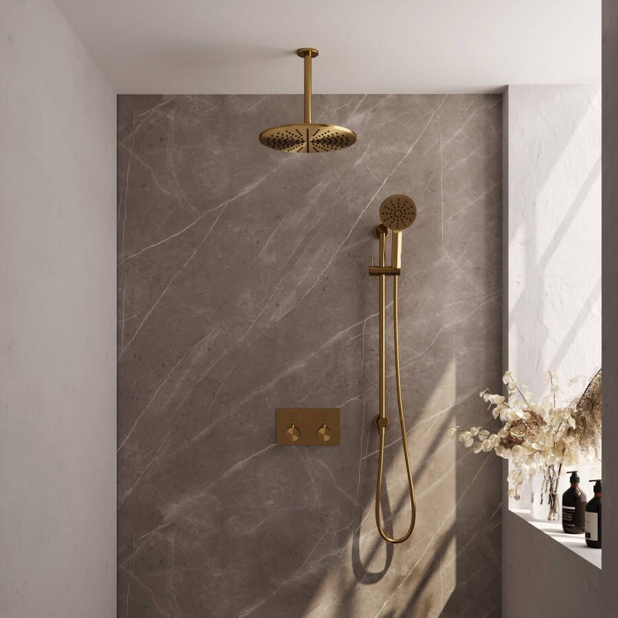 Brauer Gold Carving thermostatische inbouw regendouche met drukknoppen SET 72 met 30 cm douchekop en plafondarm en 3-standen handdouche en doucheslang en geïntegreerde glijstang goud geborsteld PVD