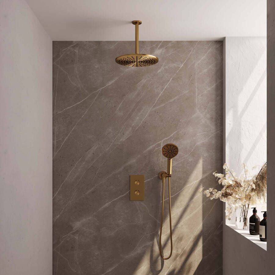 Brauer Gold Edition thermostatische inbouw regendouche set 33 3-weg omstelling 20 cm douchekop gebogen muurarm 3-standen handdouche doucheslang wandaansluitbocht goud geborsteld PVD - Foto 2
