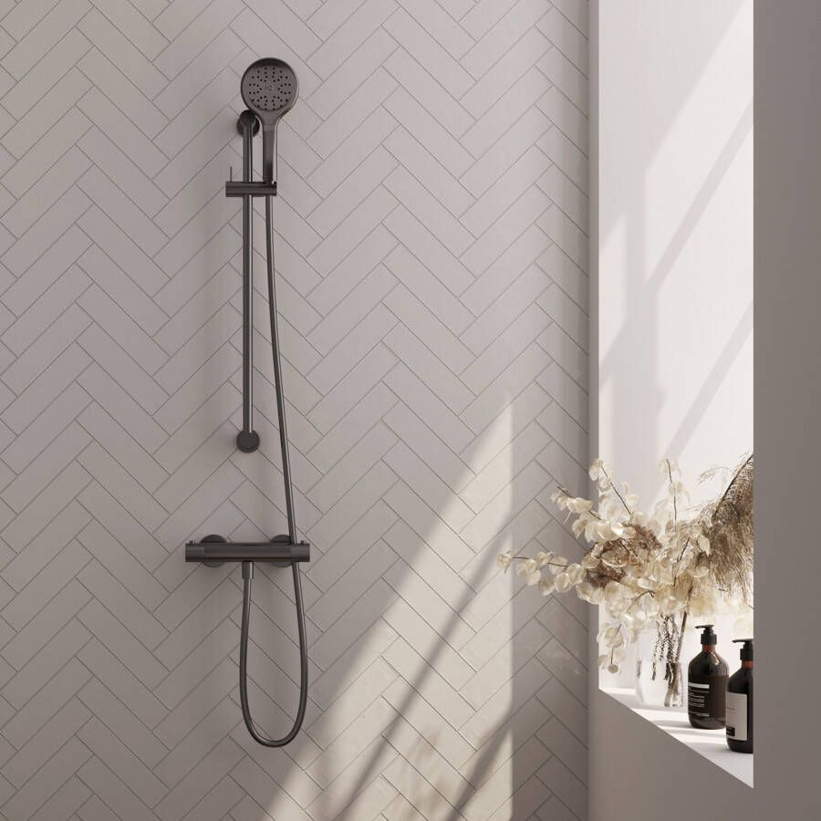 Brauer Gunmetal Carving opbouw douche thermostaatkraan met glijstang en 1 stand staafhanddouche en 150cm gladde doucheslang Gunmetal geborsteld PVD 5-GM-086-1 - Foto 2