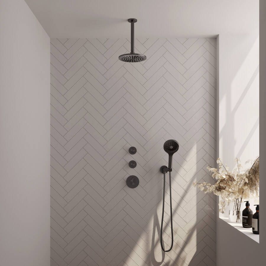 Brauer Gunmetal Carving thermostatische inbouw regendoucheset 20cm plafondarm met 20cm ronde hoofddouche 3 standen ronde handdouche 150cm gladde doucheslang met aansluitbocht en handdouchehouder Gunmetal geborsteld PVD 5-GM-107 - Foto 2