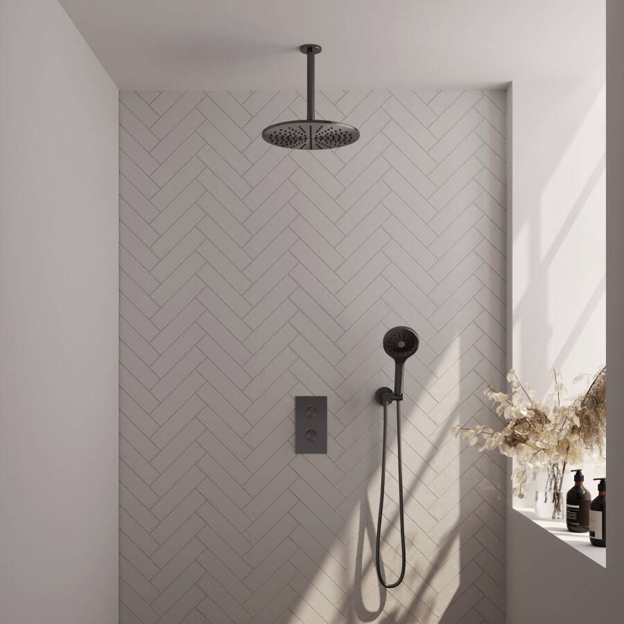 Brauer Gunmetal Carving thermostatische inbouw regendoucheset met 2-weg omstel 40cm gebogen wandarm met 20cm ronde hoofddouche 3 standen ronde handdouche 150cm gladde doucheslang met aansluitbocht en handdouchehouder Gunmetal geborsteld PVD 5-GM-129 - Foto 2