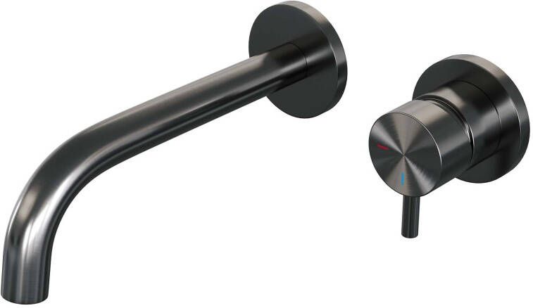 Brauer Inbouw Wastafelmengkraan Gunmetal Edition Coldstart Gebogen Uitloop Korte Ronde Hendel Rechts Geborsteld Gunmetal PVD Met Rozetten