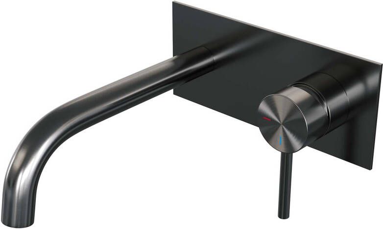 Brauer Gunmetal Edition Wastafelmengkraan inbouw gebogen uitloop links lange smalle gladde hendel afdekplaat model A 1 PVD geborsteld gunmetal 5-GM-004-B2