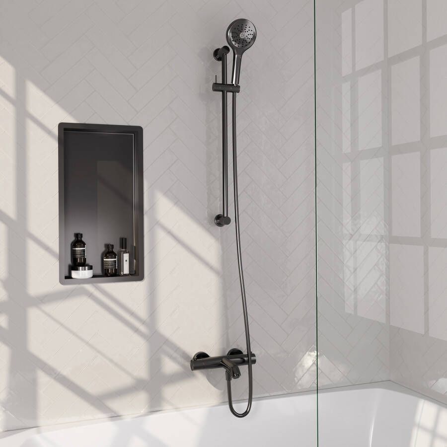 Brauer Gunmetal Edition opbouw baddouche thermostaatkraan SET 04 met wandhouder en 3-standen handdouche en doucheslang gunmetal geborsteld PVD
