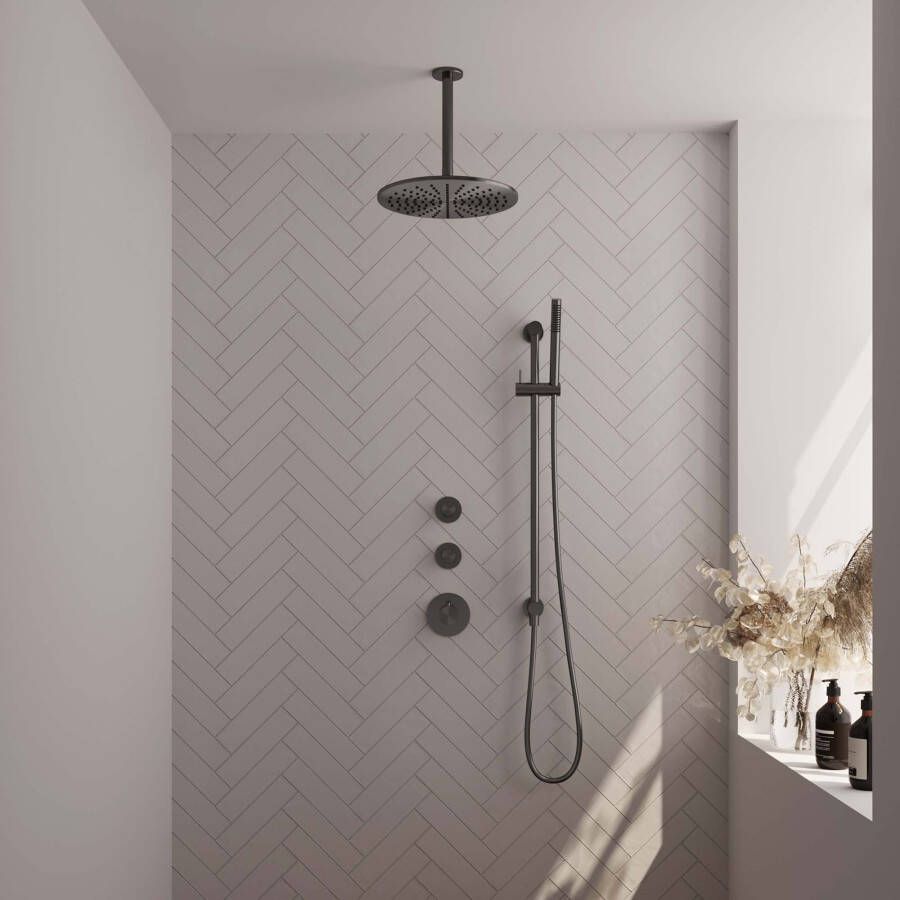 Brauer Gunmetal Edition thermostatische inbouw regendouche SET 22 met 30 cm douchekop en gebogen muurarm en 3-standen handdouche en doucheslang en geïntegreerde glijstang gunmetal geborsteld PVD - Foto 3
