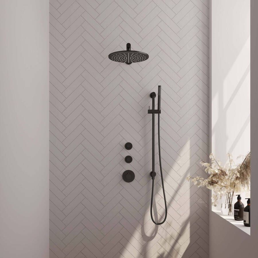 Brauer Herschrijven van de titel: Thermostatische inbouw regendouche set met mat zwarte finish 30 cm douchekop rechte muurarm staaf handdouche doucheslang en geïntegreerde glijstang