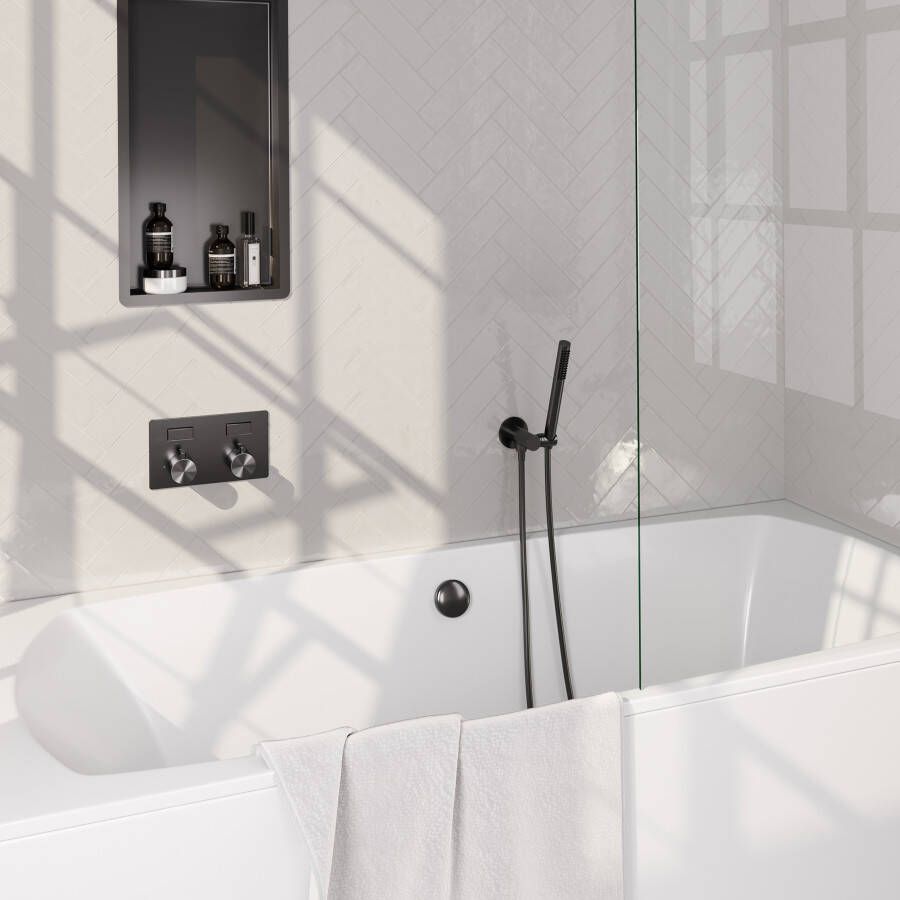 Brauer Gunmetal Edition thermostatische inbouw badkraan met drukknoppen SET 03 met badvulcombinatie en staaf handdouche en doucheslang en wandaansluitbocht gunmetal geborsteld PVD