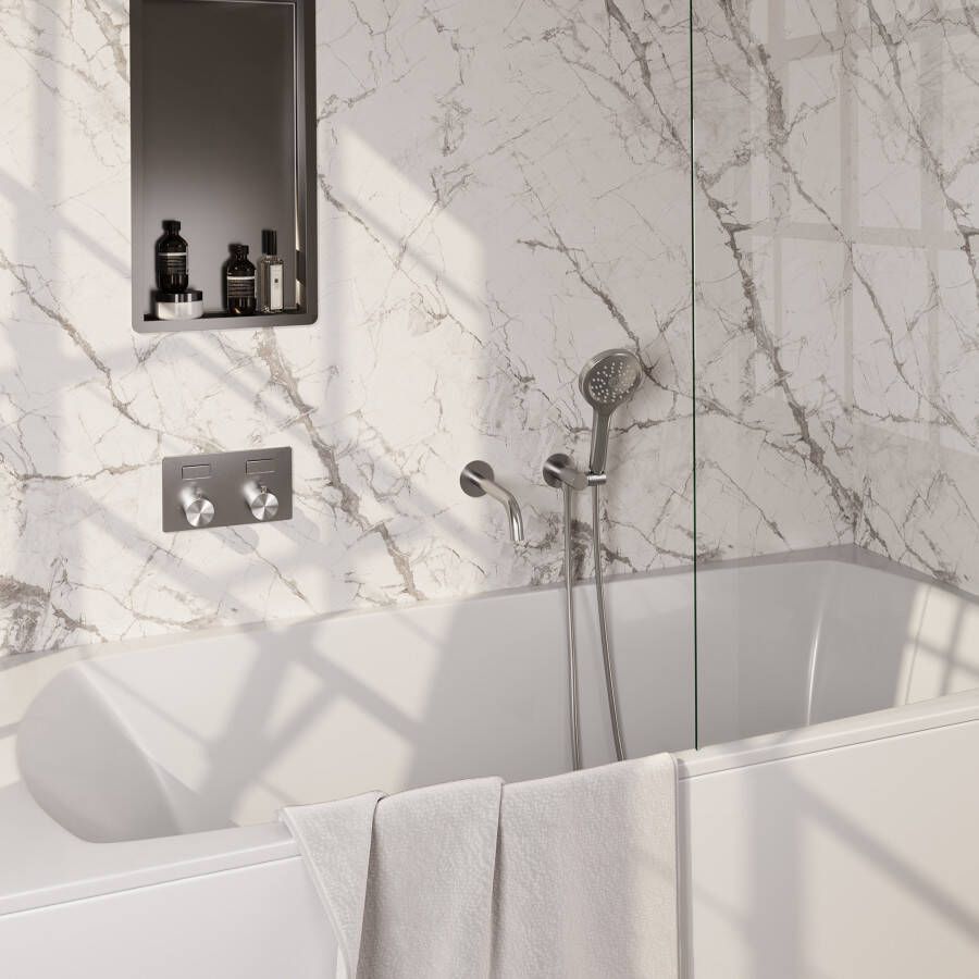 Brauer Thermostatische Inbouw Badkraan Brushed Carving Met Drukknoppen SET 04 Met Uitloop En 3-Standen Handdouche En Doucheslang En Wandaansluitbocht RVS Geborsteld PVD - Foto 2