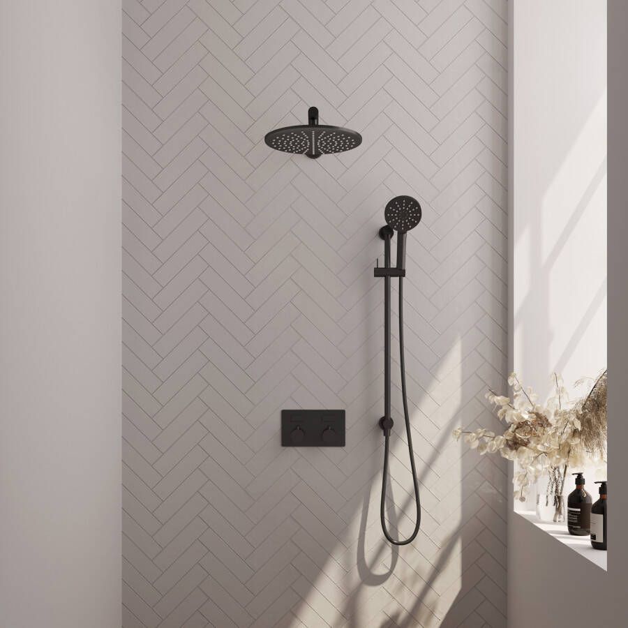 Brauer Black Edition thermostatische inbouw regendouche met drukknoppen SET 68 met 30 cm douchekop en rechte muurarm en 3-standen handdouche en doucheslang en geïntegreerde glijstang mat zwart