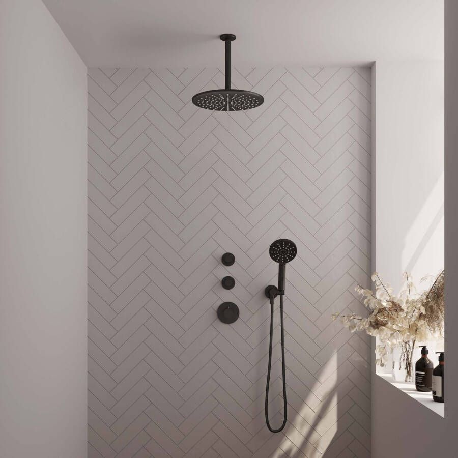 Brauer Inbouw regendouche set matte zwarte uitvoering met 30 cm douchekop en 3-standen handdouche