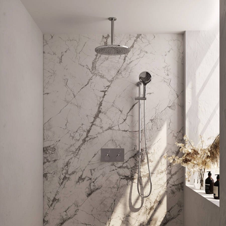 Brauer Chrome Carving thermostatische inbouw regendouche met drukknoppen SET 72 met 30 cm douchekop en plafondarm en 3-standen handdouche en doucheslang en geïntegreerde glijstang chroom