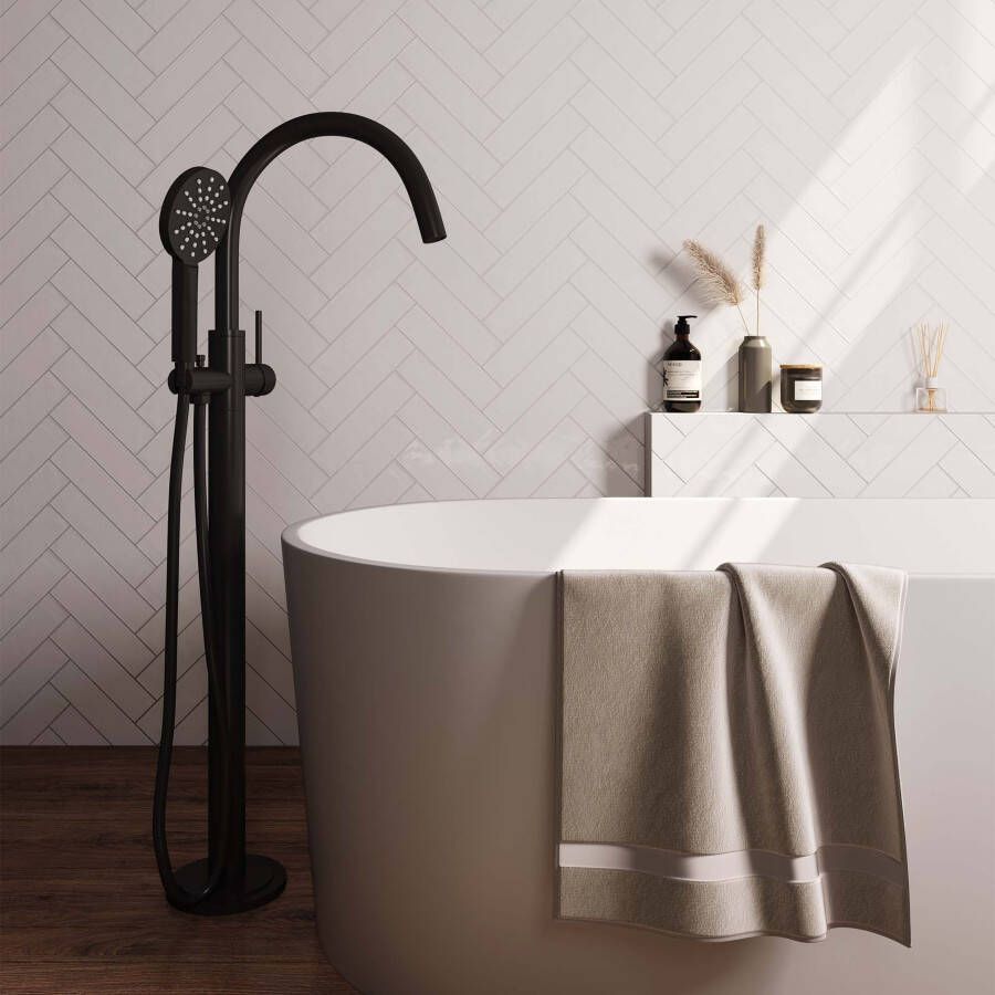 Brauer Badkraan Vrijstaand Black Carving Set 02 Mengkraan Rond Mat Zwart 1 Greeps met Handdouche 3 Standen - Foto 2