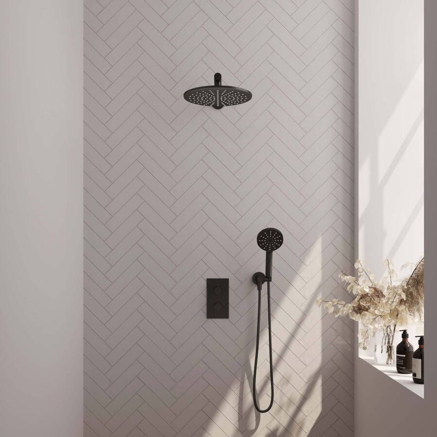 Brauer Black Edition thermostatische inbouw regendouche set met 3-weg omstelling 30 cm douchekop gebogen muurarm 3-standen handdouche en geïntegreerde glijstang mat zwart - Foto 2