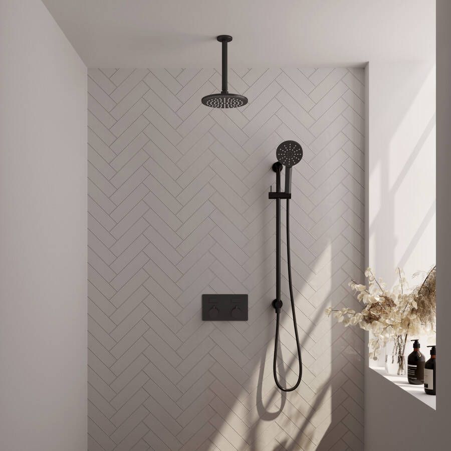 Brauer Black Edition thermostatische inbouw regendouche met drukknoppen SET 71 met 20 cm douchekop en plafondarm en 3-standen handdouche en doucheslang en geïntegreerde glijstang mat zwart