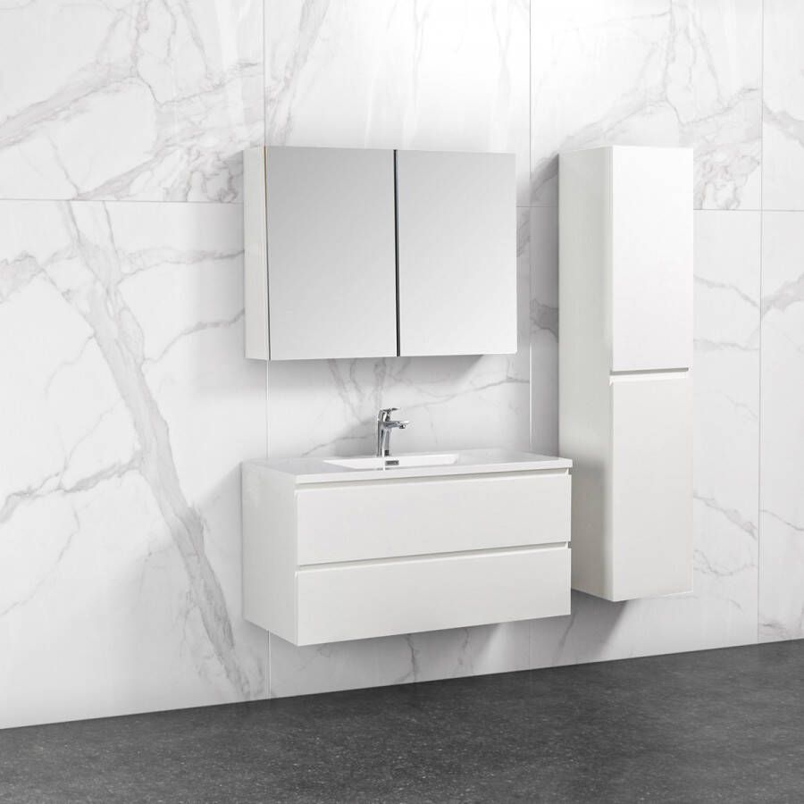 By Goof Badkamermeubel Tieme in hoogglans wit 100x50x48cm met witte wastafel spiegelkast en badkamerkast