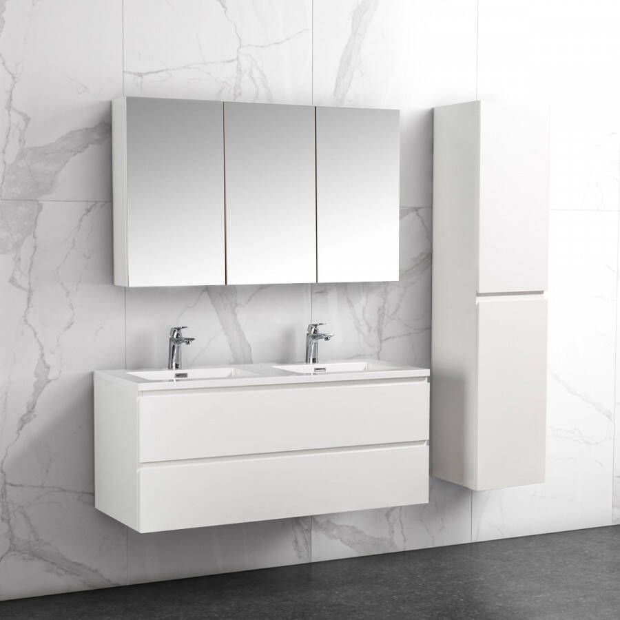 By Goof Badkamermeubel Tieme in hoogglans wit 120x50x48cm met witte wastafel spiegelkast en badkamerkast