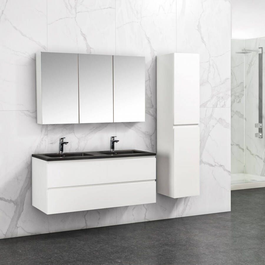 By Goof Badkamermeubel Tieme in hoogglans wit 1200x500x480mm met zwarte wastafel, spiegelkast en badkamerkast online kopen