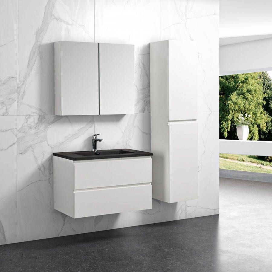 By Goof Badkamermeubel Tieme in hoogglans wit 800x500x480mm met zwarte wastafel spiegelkast en badkamerkast