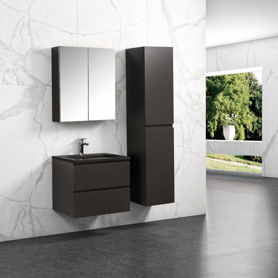 By Goof Badkamermeubel Tieme in mat grijs 60x50x48cm met zwarte wastafel spiegelkast en badkamerkast