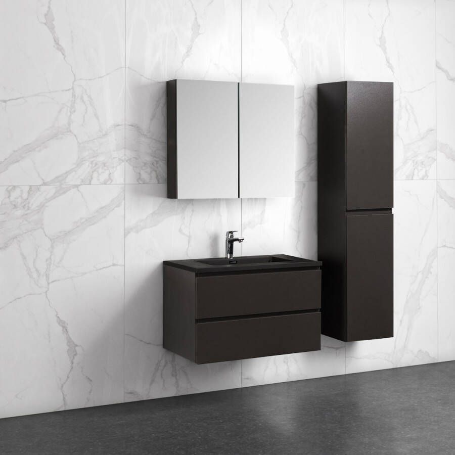 By Goof Badkamermeubel Tieme in mat grijs 80x50x48cm met zwarte wastafel spiegelkast en badkamerkast