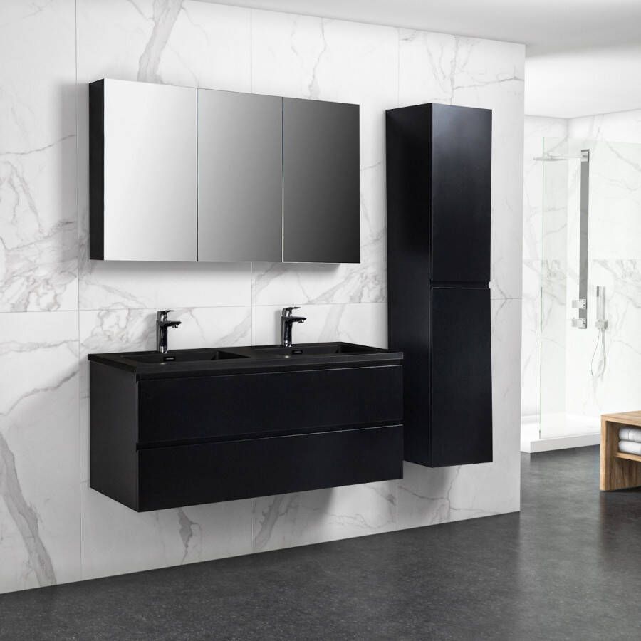 By Goof Badkamermeubel Tieme in mat zwart 1200x500x480mm met zwarte wastafel, spiegelkast en badkamerkast online kopen