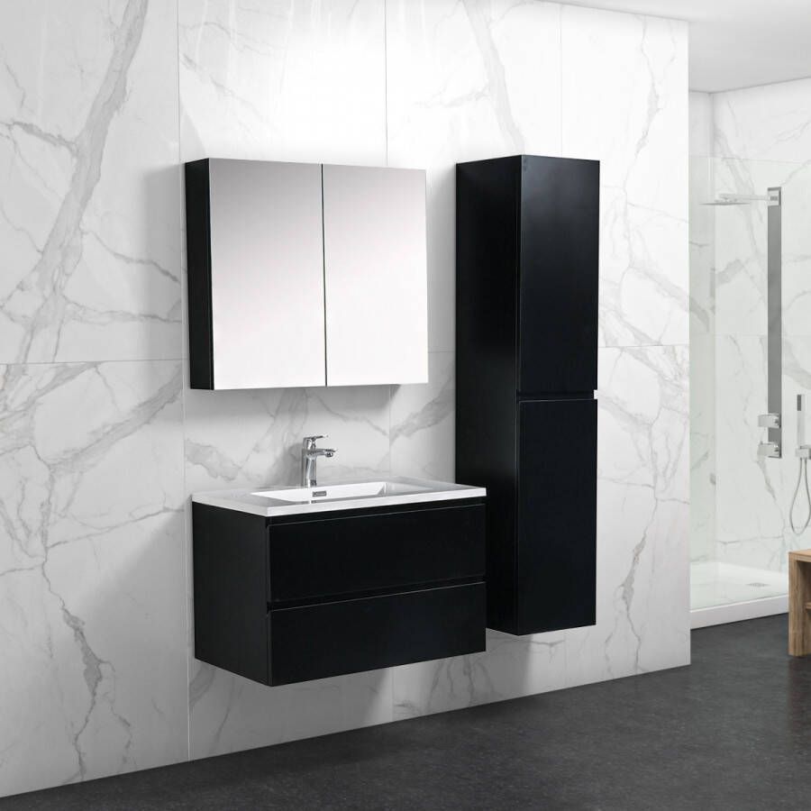 By Goof Badkamermeubel Tieme in mat zwart 800x500x480mm met witte wastafel, spiegelkast en badkamerkast online kopen