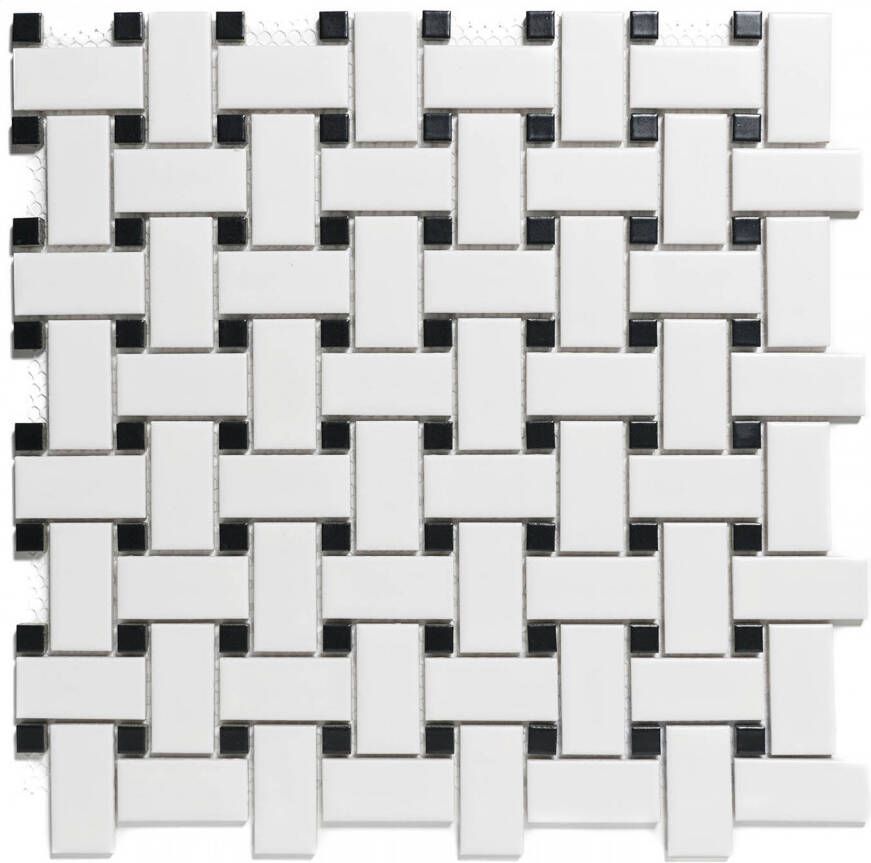 The Mosaic Factory Paris mozaïektegel 2.3x4.8x0.6cm en 1.5x1.5x0.6cm wandtegel voor binnen en buiten basketwave porselein wit met zwart PABW140925 online kopen