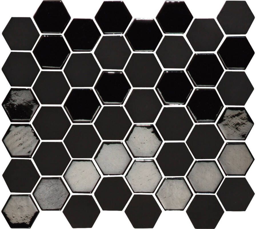 The Mosaic Factory Valencia mozaïektegel 27.6x32.9cm wandtegel Zeshoek Hexagon Gerecycled glas Black mat glans VAL920